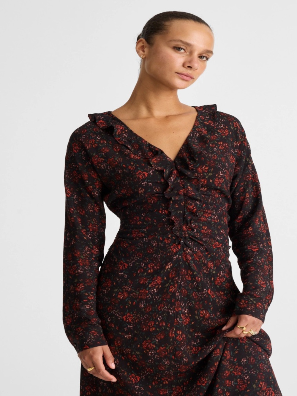 Madewell Floral Ruched Ruffle Midi Dress Black Red Romantic Size 10 - Picture 3 of 8